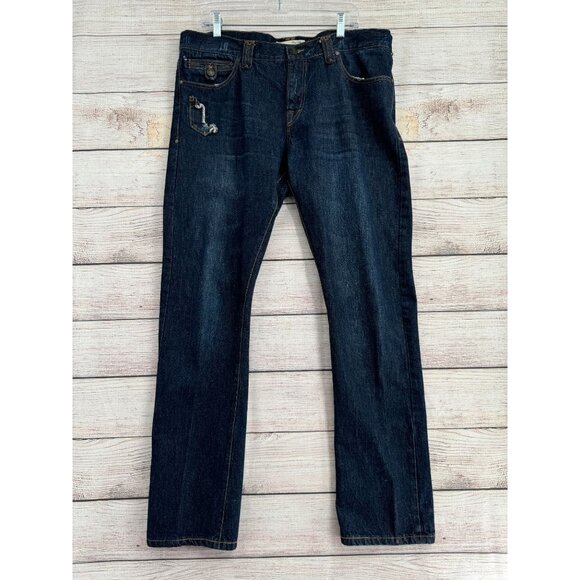 Jimmy Taverniti Distressed Selvedge Straight Denim Jeans Men's 34 Blue Dark Wash - Picture 1 of 11